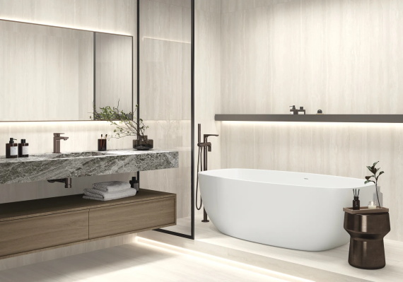 Керамогранит LCM 60120TVW02M Травертин Ворлд кремовый (Travertine World Crema) матовый карвинг 60x120